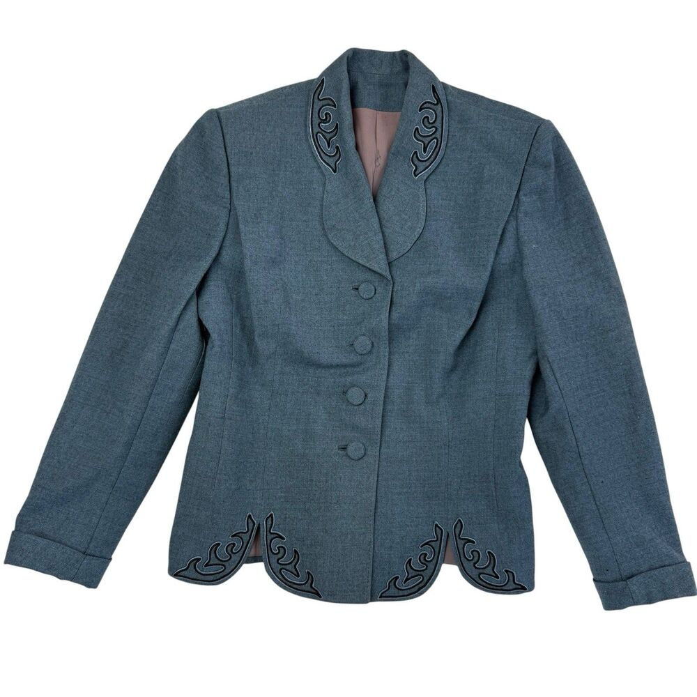Present Vogue Miron Virgin Wool Blazer S/M Blue Embroidered Vintage 40s 50s